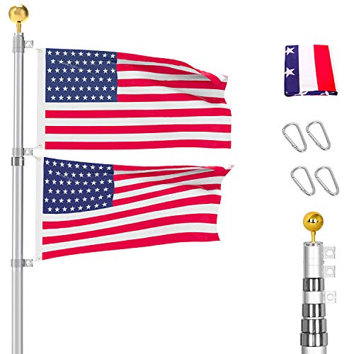 Telescoping Flag Poles Kit Fly 2 Flags- Extra Thick Aluminum Telescopic ...